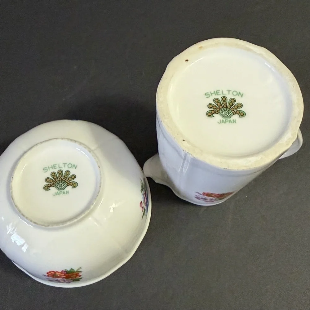 Shelton Creamer & Open Sugar Bowl Japan White Porcelain Romantic Floral White
